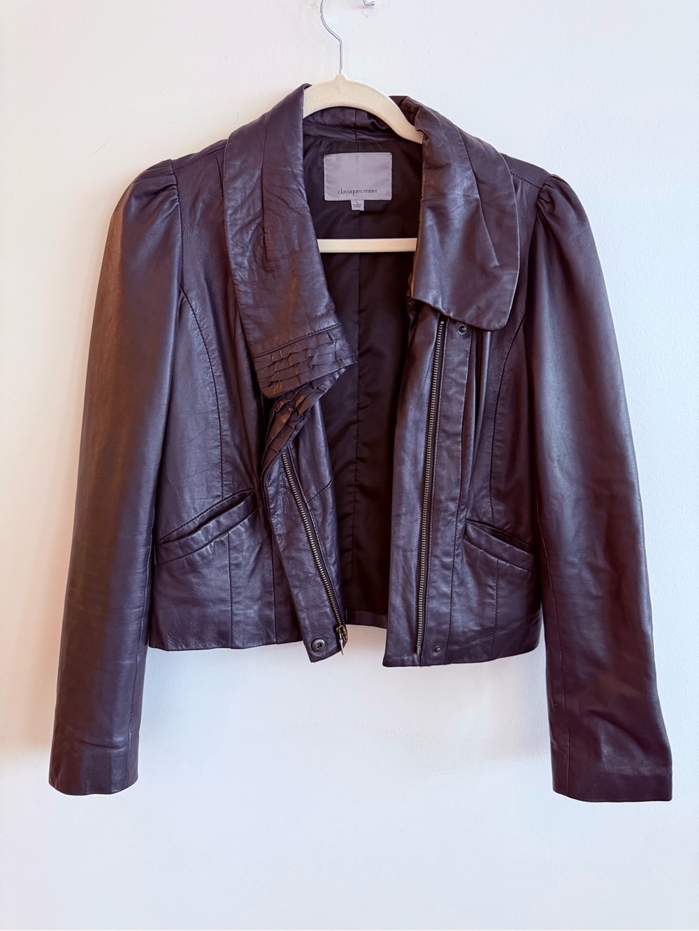 Classiques Entier Eggplant Leather Jacket with Subtle Shoulder Gathers